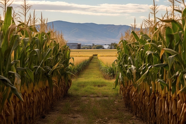 Labyrinthe de maïs avec des champs dorés en toile de fond
