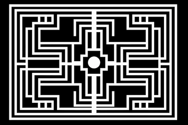 un labyrinthe noir et blanc avec un point blanc au milieu.