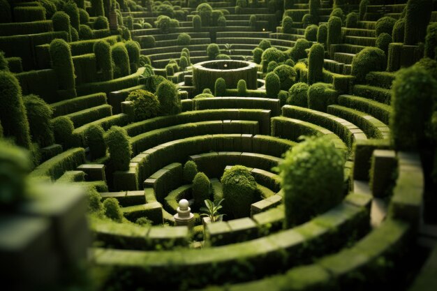 Labyrinthe vert de buissons taillés dans un jardin paysager Vue aérienne d'un motif géométrique abstrait de plantes dans le parc Concept de la nature caractéristique fantastique