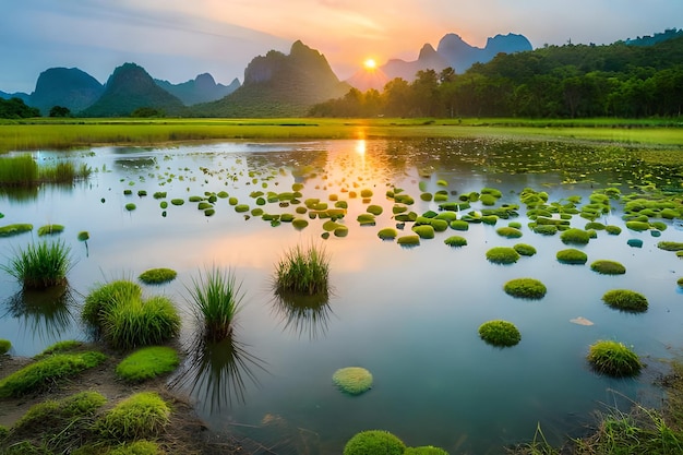 Un lac avec des algues vertes dans l'eau