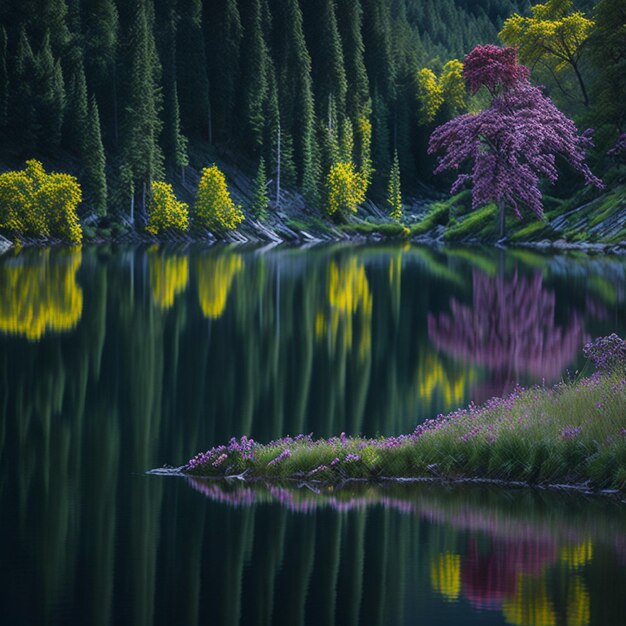 Un lac avec un arbre au premier plan et un reflet des arbres dans l'eau.