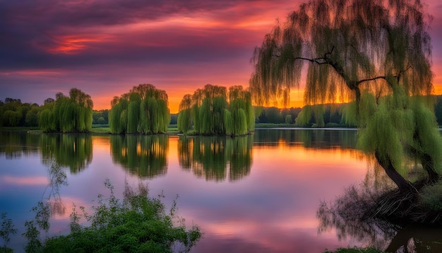 Photo un lac avec un arbre et un coucher de soleil en arrière-plan