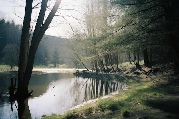 Un lac avec des arbres et un arbre au premier plan