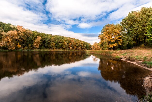 Lac avec des arbres d&#39;automne sur le rivage. la surface du miroir du lac.