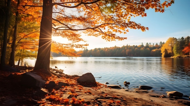 Lac et arbres d'automne le soir