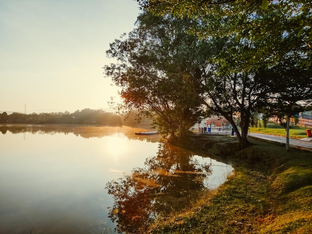 Un lac avec des arbres et un bateau au premier plan