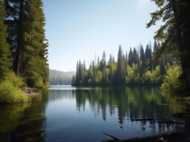 Un lac avec des arbres et un ciel bleu