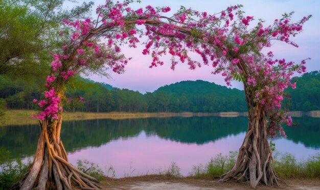 Un lac avec une arche de fleurs roses avec une montagne en arrière-plan