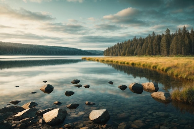 Photo un lac au milieu de la forêt par une journée nuageuse un beau paysage