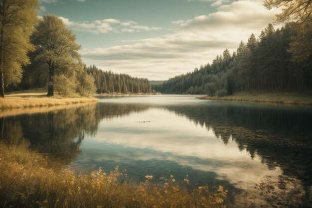 Photo un lac au milieu de la forêt par une journée nuageuse un beau paysage