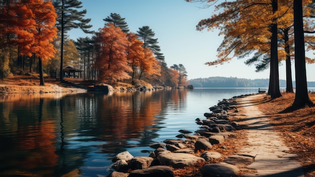 Lac à l'automne avec des rochers et des arbres