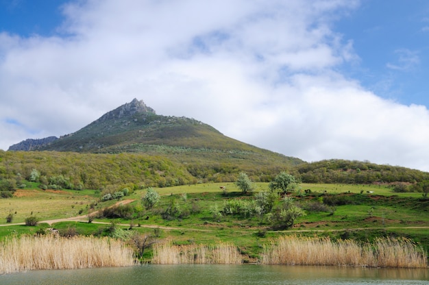 Lac aux eaux boueuses et roseaux en croissance, ciel bleu et petit village parmi les montagnes