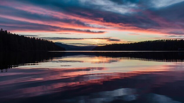 Le lac avant le coucher du soleil et le reflet du ciel