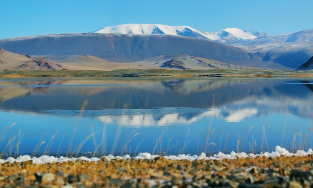 Lac avec beau reflet dans les montagnes de Mongolie