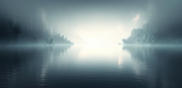 Un lac bleu avec un ciel brumeux et des arbres à l'horizon.