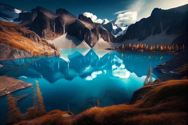 Lac bleu entre des rochers majestueux généré par l'IA