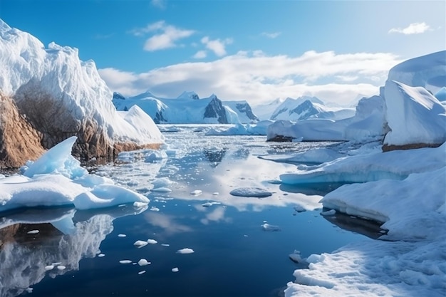 Un lac bleu avec des icebergs et des montagnes en arrière-plan