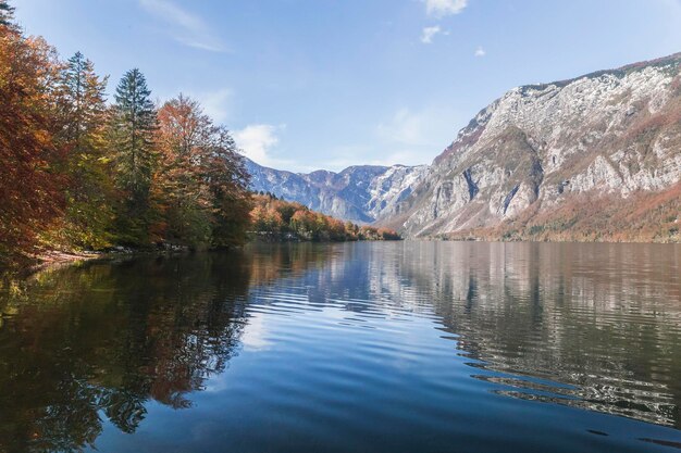 Lac Bohinj pittoresque qui reflète les Alpes. Parc national du Triglav en Slovénie en automne