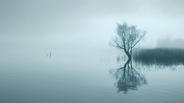 un lac brumeux avec des arbres en arrière-plan et un plan d'eau avec quelques oiseaux dans l'eau