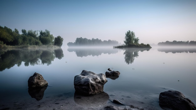 Un lac brumeux avec un gros rocher au milieu