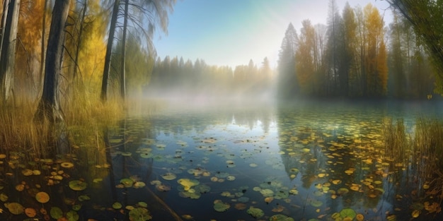 Un lac brumeux avec un lac au premier plan et une forêt en arrière-plan.