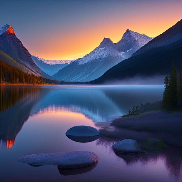 Photo lac calme avant l'aube dans la brume serenité art numérique