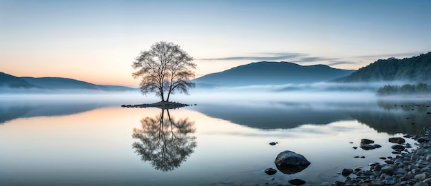 un lac calme avec un brouillard tourbillonnant à l'aube