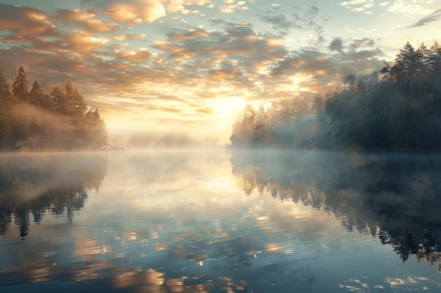 Un lac calme avec un ciel brumeux en arrière-plan