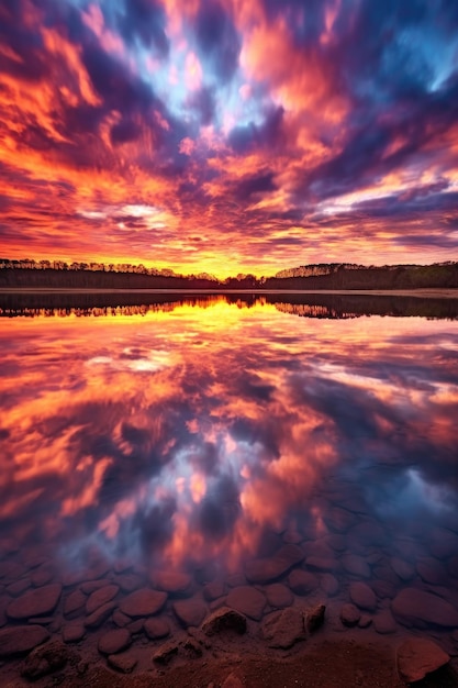 Lac calme reflétant un coucher de soleil serein symbolisant la tranquillité d'esprit créé avec une IA générative