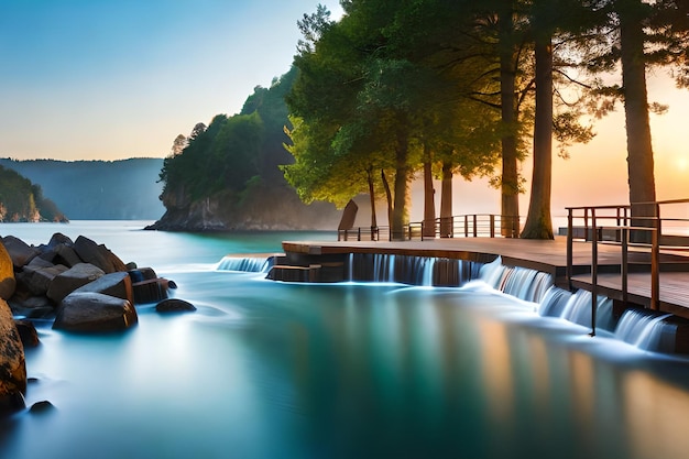 Un lac avec une cascade et des arbres en arrière-plan