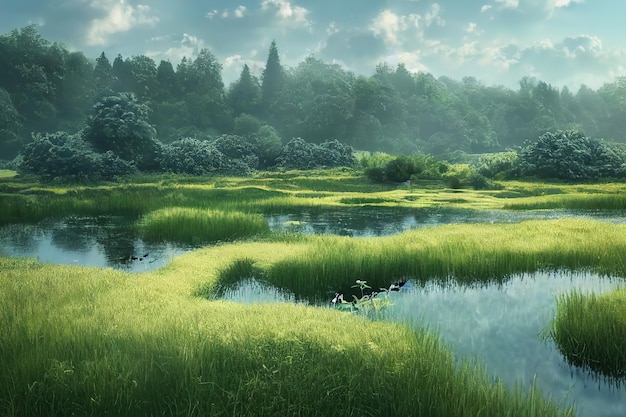 Lac sur un champ vert avec des buissons et une forêt à l'horizon sous un ciel bleu avec des nuages blancs illustration 3d