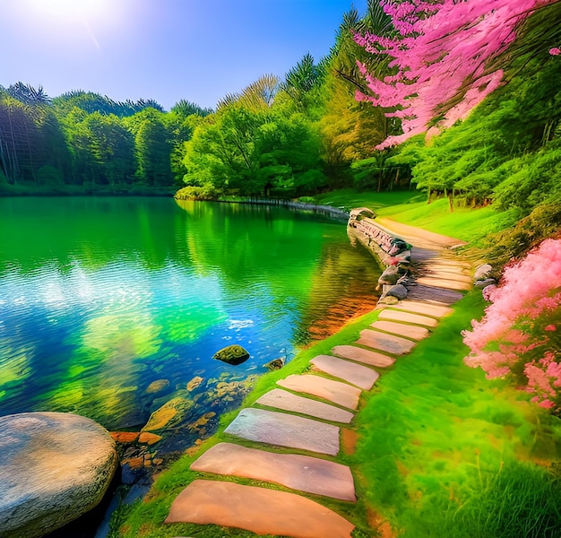 Un lac avec un chemin de pierre entouré d'arbres et un lac avec un arbre à fleurs roses.