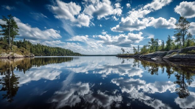 Un lac avec un ciel bleu et des nuages