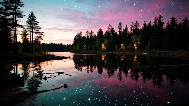un lac avec un ciel coloré et des arbres qui s'y reflètent