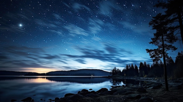 Un lac avec un ciel étoilé et une montagne en arrière-plan.