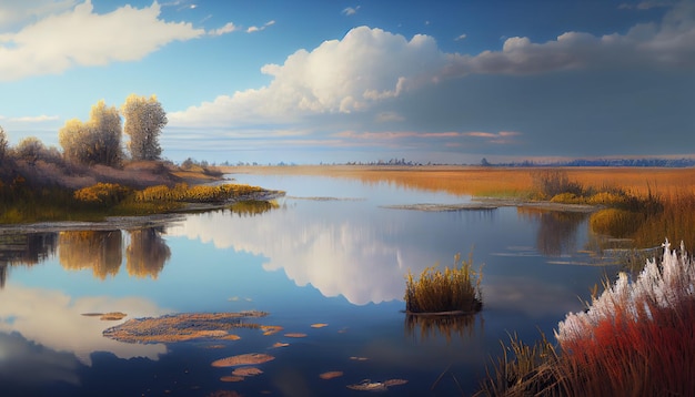 Un lac avec un ciel nuageux et le reflet d'un arbre et de nuages