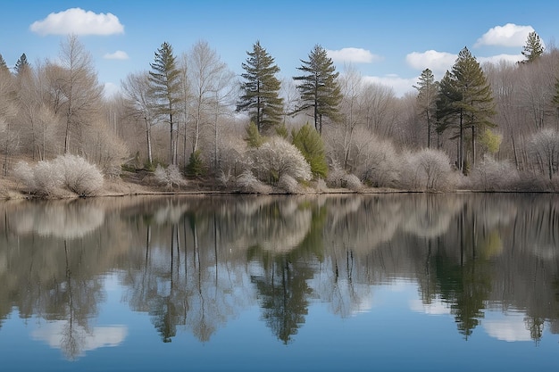 Lac clair avec le reflet des arbres et du ciel par une journée fraîche au printemps