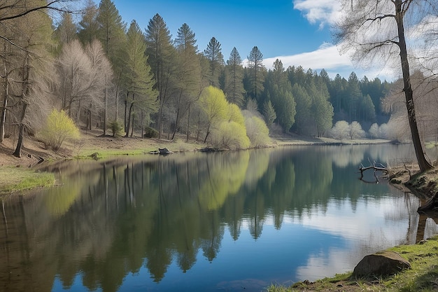 Lac clair avec le reflet des arbres et du ciel par une journée fraîche au printemps