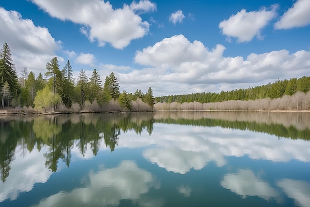 Lac clair avec le reflet des arbres et du ciel par une journée fraîche au printemps