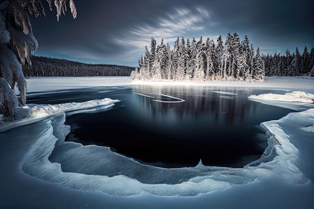 Lac couvert de glace avec vue sur une forêt gelée et un aperçu de mammouth qui passe