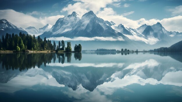 Un lac cristallin reflète des montagnes imposantes