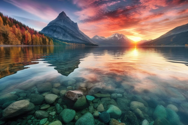 Lac cristallin avec vue sur des montagnes imposantes et un lever de soleil coloré créé avec une IA générative