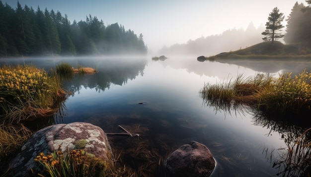 Un lac dans la forêt avec un ciel brumeux