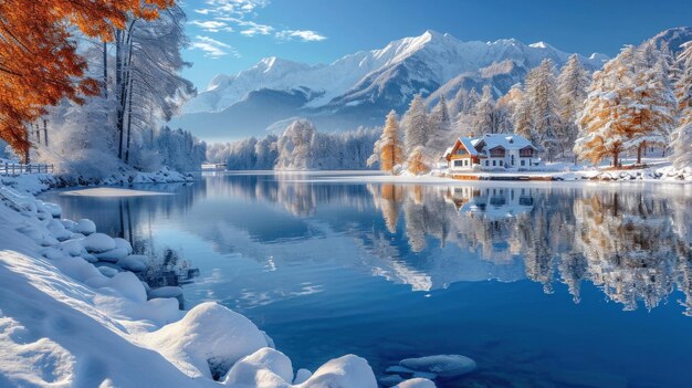 Photo lac dans la forêt d'hiver par une journée ensoleillée lumineuse fond de l'hiver papier peint nature