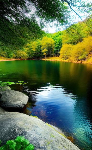 Un lac dans la forêt avec le mot lac dessus