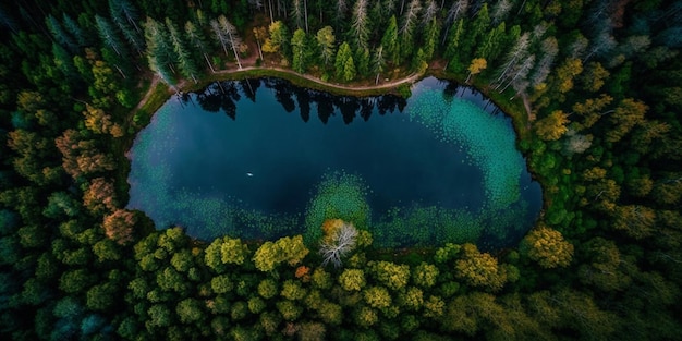 Photo le lac dans la forêt d'un point de vue d'oiseau