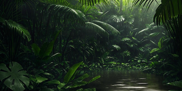 Lac dans la jungle sauvage Pluie abondante Forêt tropicale sombre avec des plantes exotiques palmiers grandes feuilles et fougères Fourré effrayant de la forêt tropicale Ruisseaux d'eau végétation verte humide AI générative