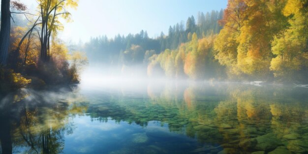 Un lac dans les montagnes avec des arbres et le ciel