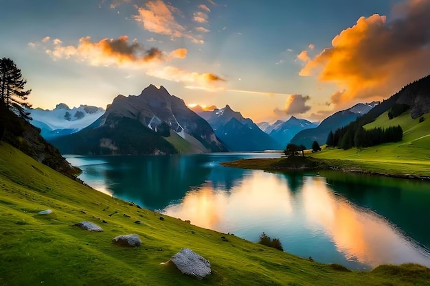 Un lac dans les montagnes avec un ciel nuageux