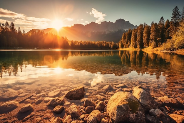 Lac dans les montagnes avec le coucher de soleil derrière